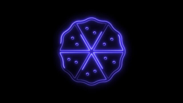 Glowing neon pizza icon animation on black background fast food concept abstract