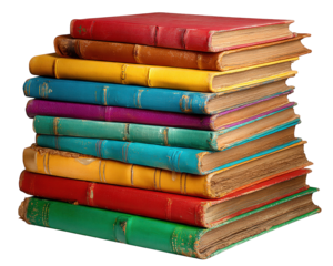 Stack of colorful vintage books with worn edges, textured covers, and aged pages, arranged in tall pile, evokes nostalgia and curiosity for reading and learning