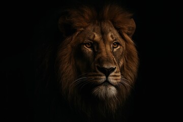Naklejka premium Majestic lion portrait emerging from darkness dramatic eyes and textured mane detail