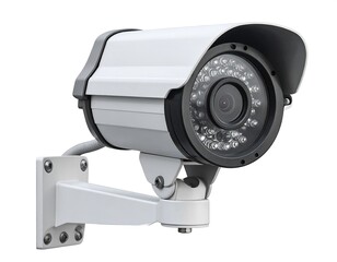 Close-up of a white security camera mounted on a white wall, isolated