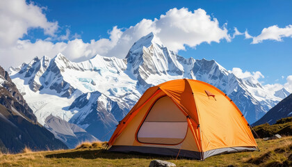 Cozy camping tent nestled among majestic snowy mountain peaks with ample copy space for text and branding purposes