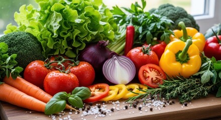 Fresh and vibrant arrangement showcases various colorful vegetables including tomatoes, bell peppers, lettuce, red onion, and broccoli, arranged on a wooden surface, presenting a healthy eating...