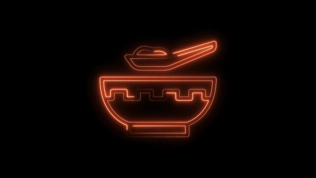 Neon style bowl and spoon animation against black backdrop showing food preparation concept