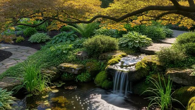 tranquil garden with gentle waterfall flowing into lily pond Lush green foliage hostas mossy rocks and autumn-hued trees frame winding stone path sunlit