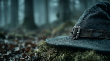 Old Wizard Hat in Foggy Forest &ndash; Fantasy Halloween Background