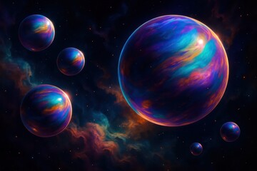 Fototapeta premium Vivid cosmic spheres drifting through iridescent nebulae with starfields on deep space backdrop