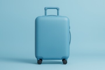 Sky blue hard shell suitcase standing upright on matching blue minimal backdrop