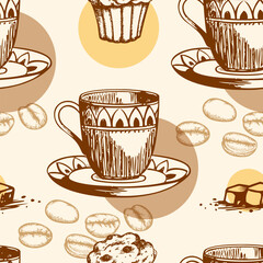 Seamless pattern of coffee cups cupcakes and coffee beans