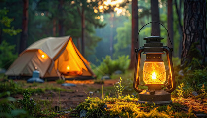 Cozy lantern-lit campsite in forest with camping tent and ample copy space for text or outdoor ideas