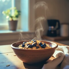 Steaming Bowl of Healthy Breakfast Cereal in Sunlight