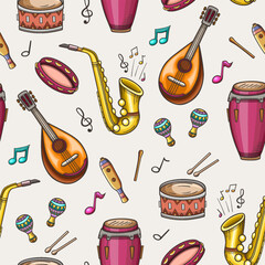 Obraz premium Seamless pattern of colorful musical instruments and notes