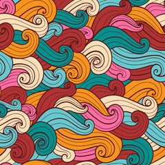 Seamless pattern of colorful swirling wavelike shapes with dark outlines