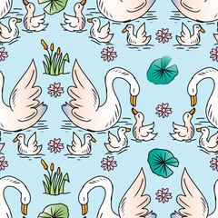 Seamless pattern with baby swan on mother. Vector illustration.