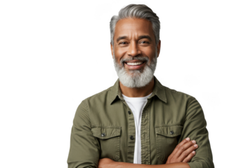 Smiling mature man with beard and grey hair wearing a green shirt and white t-shirt transparent background