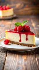 Slice of raspberry cheesecake on a wooden table