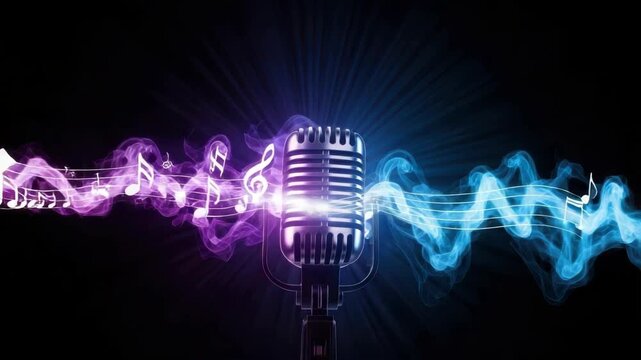 vintage-style microphone glows brightly centered on stand It emits vibrant purple and blue smoke-like musical notes flowing horizontally Radial light beams emerge from behind against dark background