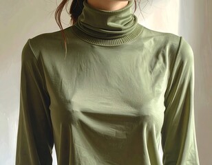 Close-up of a woman wearing a green turtleneck shirt, studio shot