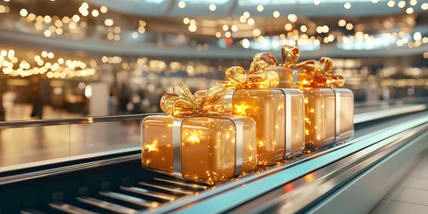 Luggage Conveyor Concept. Festive gifts on a conveyor belt with twinkling lights.