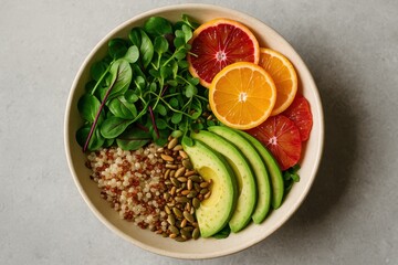 Colorful summer salad with microgreens citrus and grains on stone in natural light