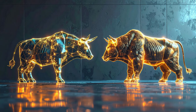 Two bull and bear figures in a dark room representing stock market dynamics and financial investment strategies - Powered by Adobe