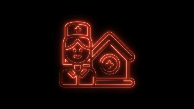 Animated nurse and hospital icon with neon red glow effect on a black background