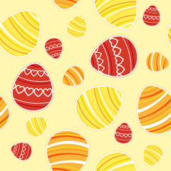 Seamless pattern of brightly colored striped Easter eggs on a pale yellow background