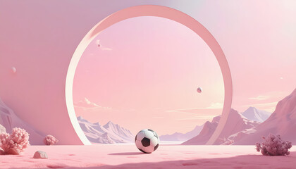 An artistic pink landscape featuring a large circle against a minimal pastel background with empty center space