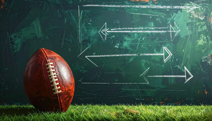 A football strategically placed on a field with chalkboard strategy arrows and ample empty space to the left