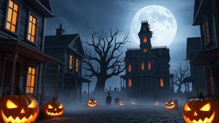 misty Halloween night with carved jack-o-lanterns lighting cobblestone street Dark Victorian homes haunted mansion bare trees flying bats and graveyard under bright full moon - Powered by Adobe