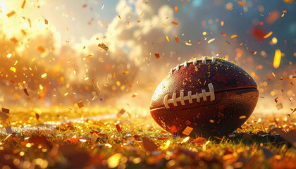 A vibrant football positioned on the field with a golden confetti background and copy space above for design