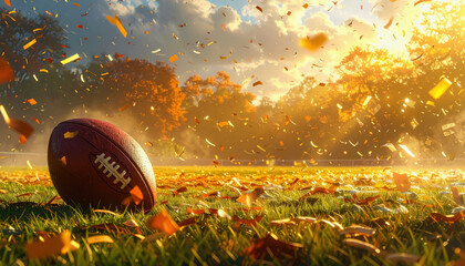 A football on the grass with a festive golden confetti background and open copy space above for creative use