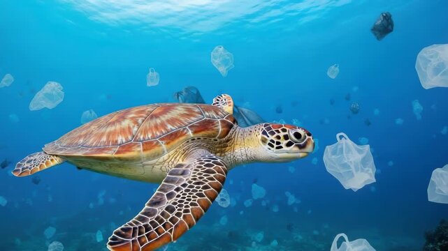 sea turtle with patterned shell gracefully swims in clear blue ocean sadly engulfed by countless floating plastic bags of various sizes and colors illustrating severe marine pollution