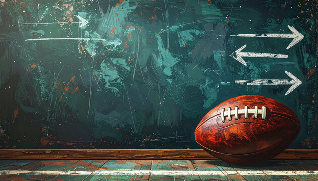 A football resting on a wooden floor surrounded by chalkboard strategy arrows with space on the left for use - Powered by Adobe