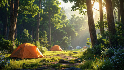 A beautifully arranged camping site in a forest clearing with tents set up surrounded by nature perfect for outdoor activities