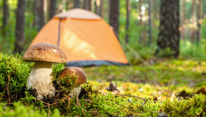 A charming scene of a mushroom growing near a tent in the woods with copy space perfect for outdoor and nature themes