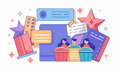 Vibrant Flat Illustration of Friends Enjoying a Movie at the Cinema with Popcorn and Tickets