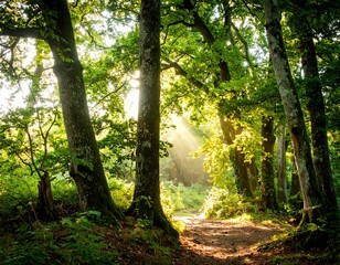 Fototapeta premium Sunlight streams through a lush forest path