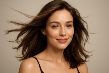 Portrait of woman with flowing healthy hair wind movement shine and natural elegance