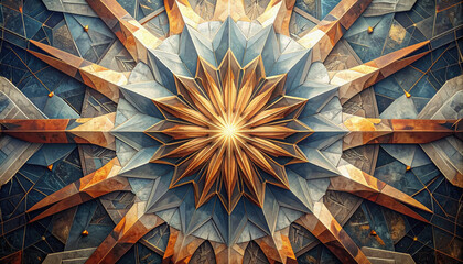 Futuristic geometric pattern featuring a starburst design creating a captivating abstract visual in vibrant colors