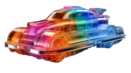 Rainbow Ride: A sleek, vibrant vehicle, crafted from transparent material, bursts with a kaleidoscope of color, suggesting speed, futurism, and boundless imagination. 