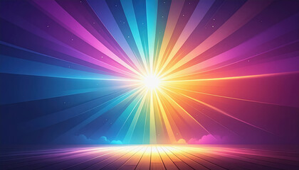Dynamic colorful light burst with a glowing radial center spotlight effect against a gradient background