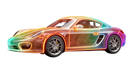 Rainbow Car: A sleek and vibrant rainbow-colored car exudes a sense of speed and luxury against a clean background.