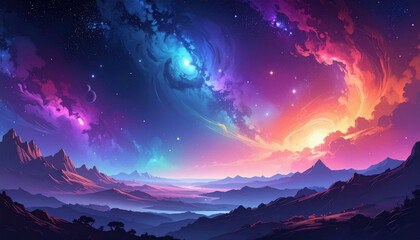 Vibrant mountain landscape illuminated by a colorful sky filled with stars and cosmic gradient of deep colors