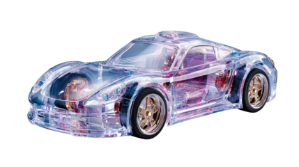 Transparent Sports Car: A detailed shot of a sleek, transparent sports car showcasing its inner workings and design, giving a unique perspective on automotive engineering.