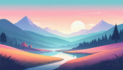 Serene mountain landscape with flowing river and lush green trees under a clear blue sky in minimalistic style
