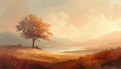 Beautiful landscape featuring a foreground tree against majestic mountains in muted earthy tones and natural abstract style