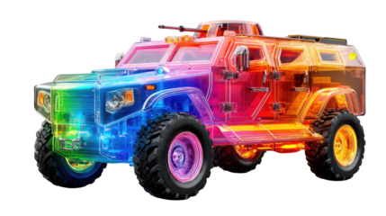 Prismatic Armored Vehicle: A captivating display of military technology, with a multicolored armored vehicle, rendered in a mesmerizing array of colors