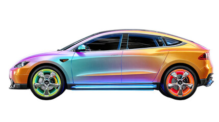 Futuristic Car Design: A visually stunning, iridescent electric vehicle showcases cutting-edge design, with a sleek silhouette and vibrant color scheme, hinting at the future of personal transport.