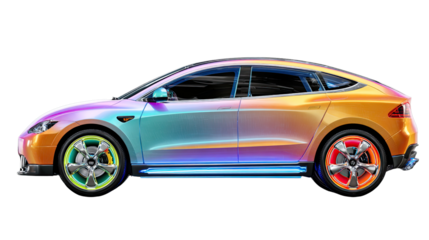 Futuristic Car Design: A visually stunning, iridescent electric vehicle showcases cutting-edge design, with a sleek silhouette and vibrant color scheme, hinting at the future of personal transport.