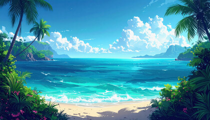 Tropical beach scene with lush palm trees and a beautiful gradient ocean horizon